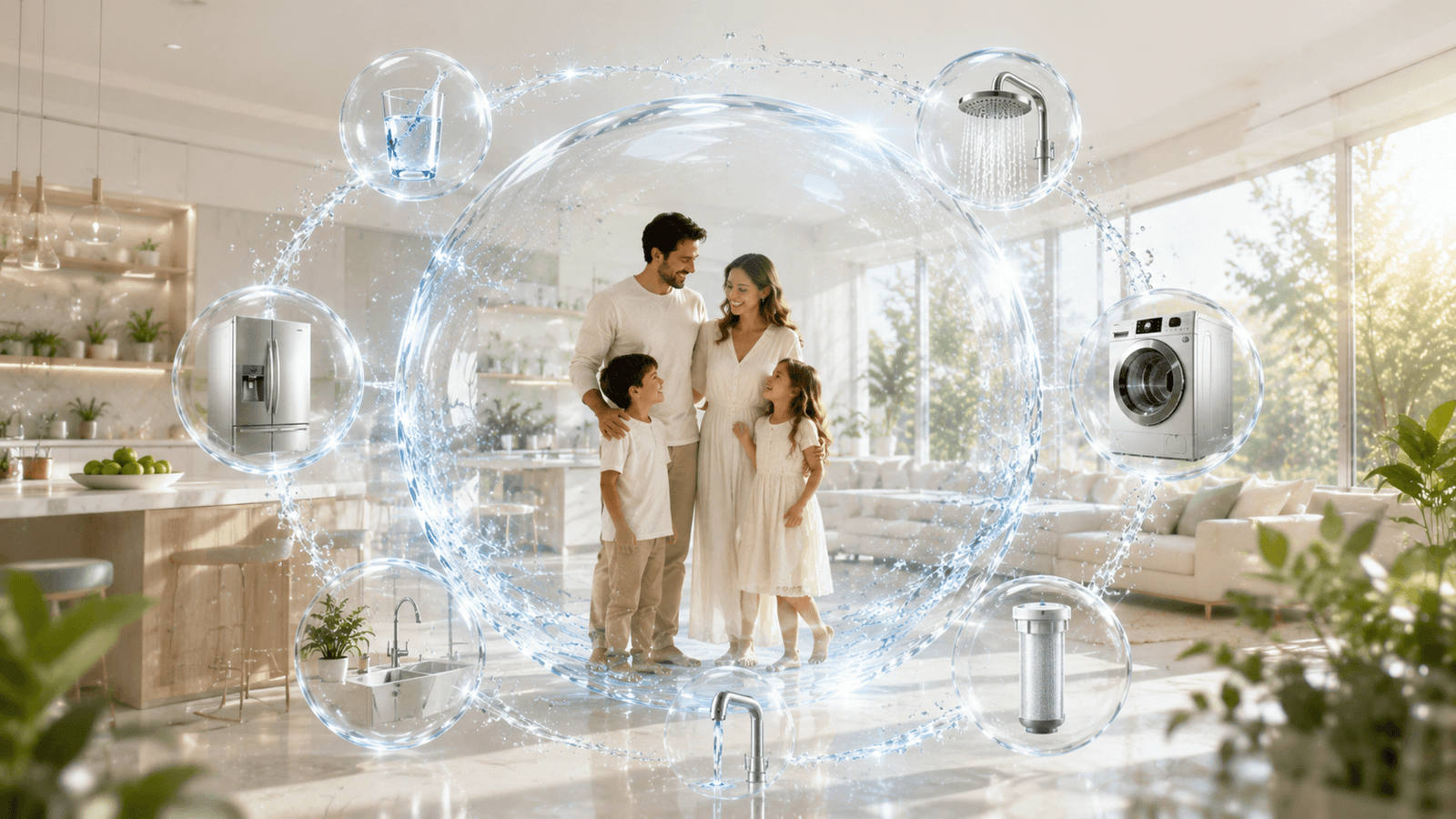 modern family silhouette inside a large transparent glassmorphism water sphere