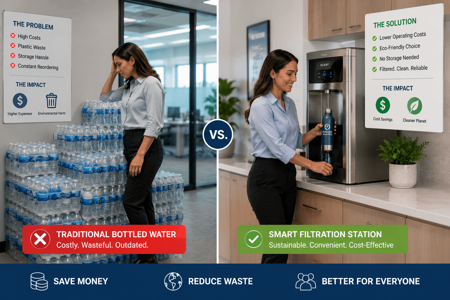 Commercial water treatment system replacing bottled water in office workplace