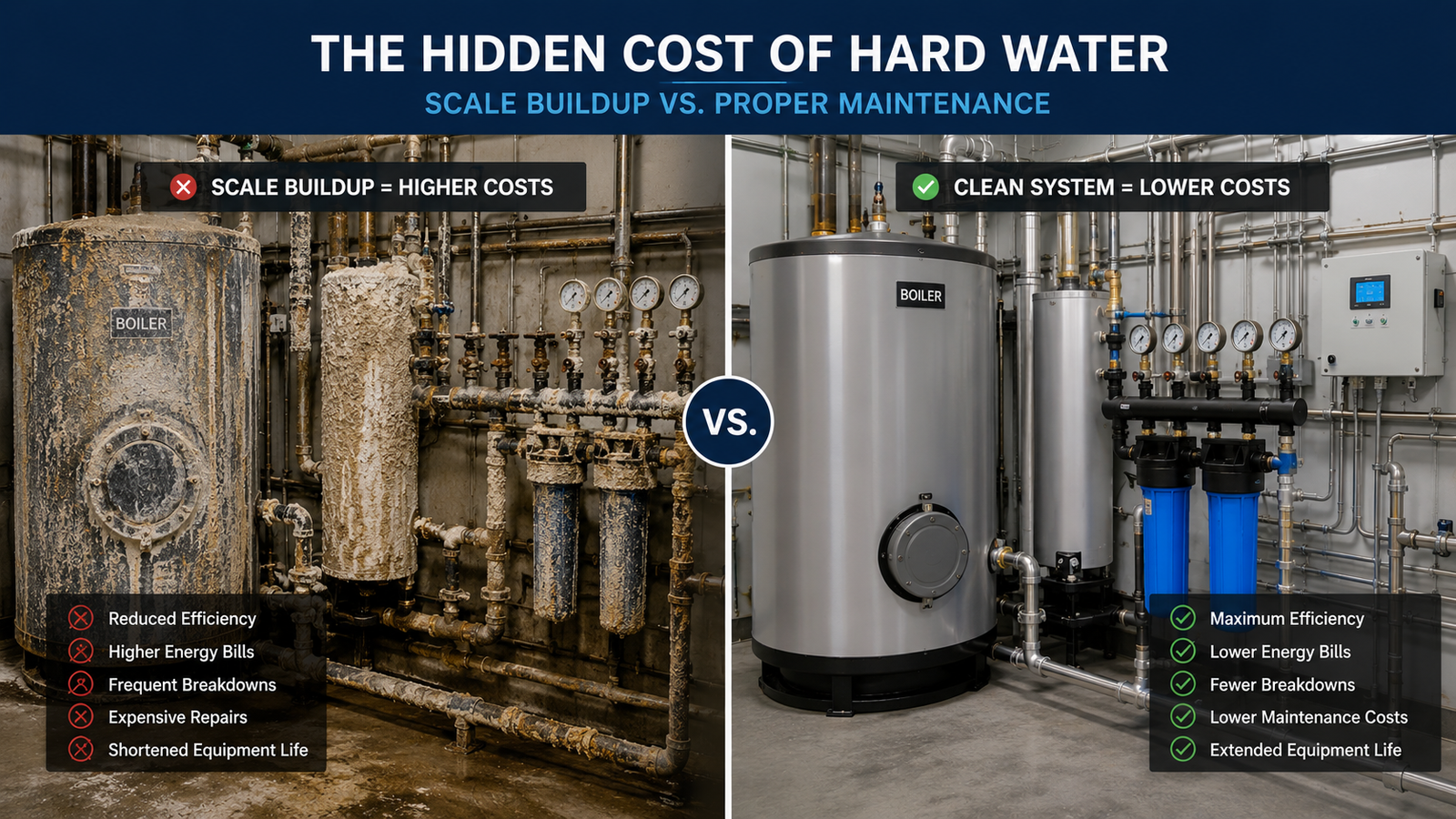 Hard water scale can gradually reduce efficiency of commercial water system