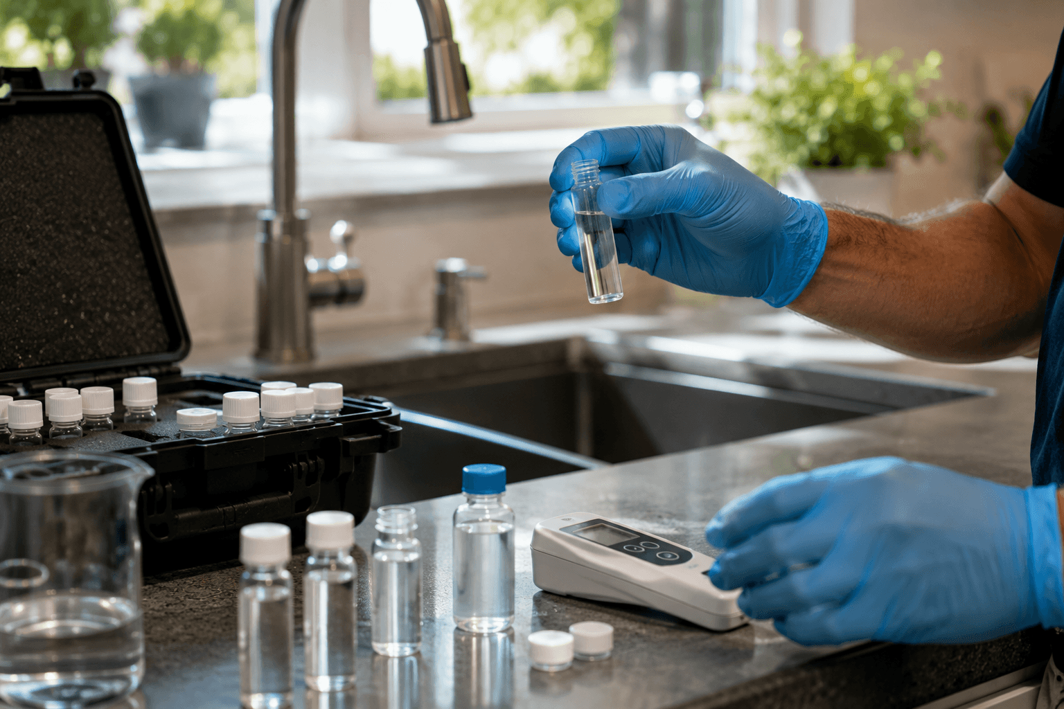 Water testing in a modern kitchen