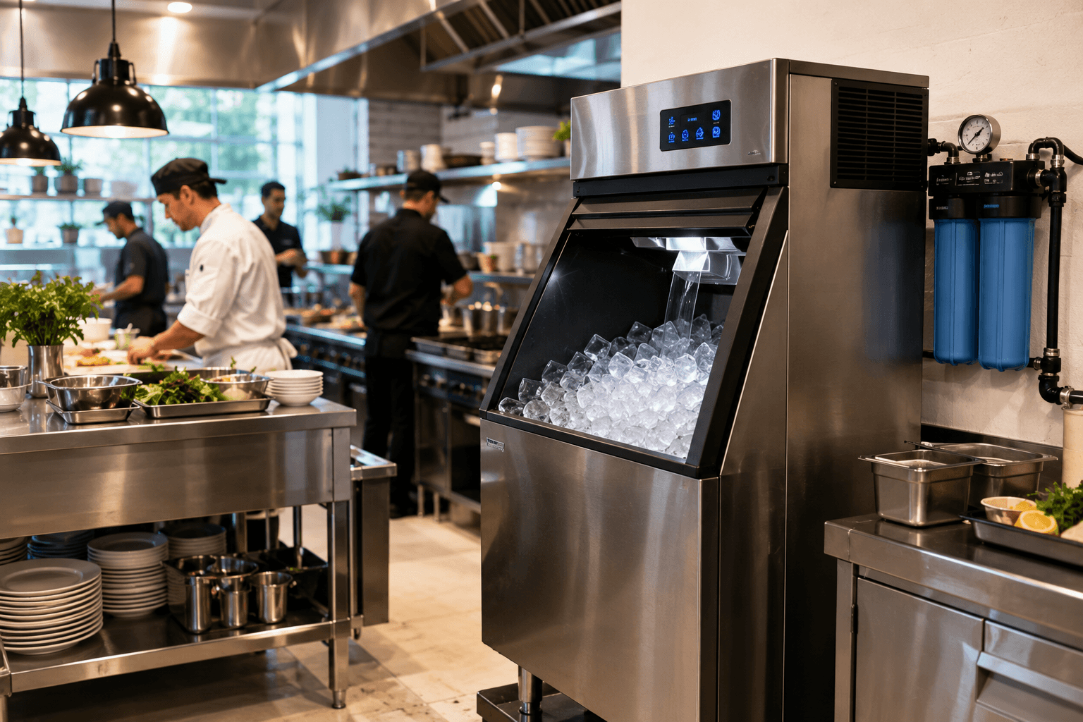 commercial ice maker producing crystal-clear ice cubes