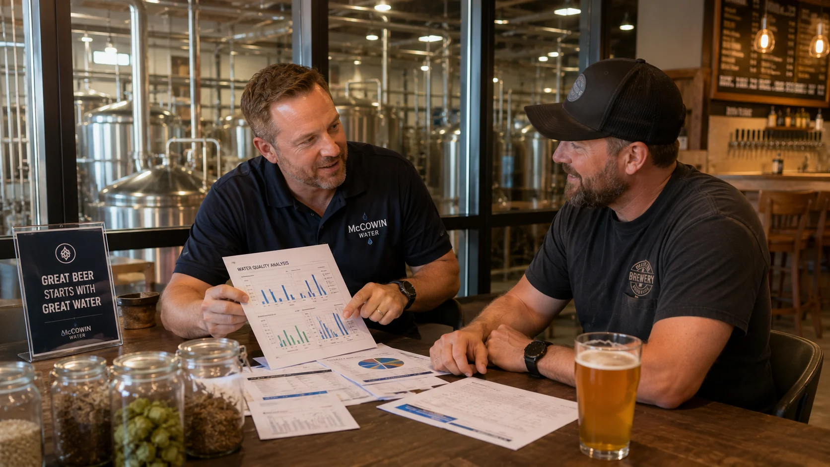 Best Water Filtration consultation with Irvine brewery owner reviewing water quality results