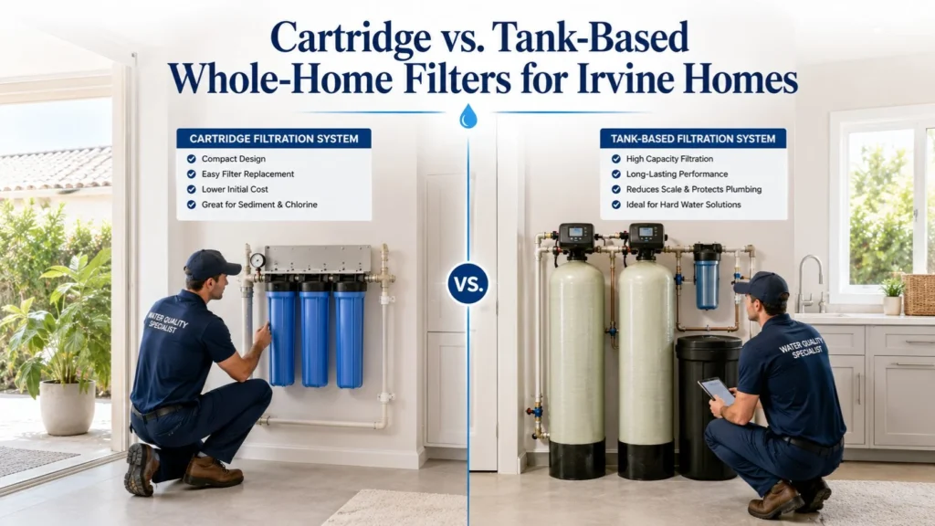 Cartridge vs. Tank-Based Whole-Home Filters comparison for an Irvine home showing cartridge and tank filtration systems installed side by side
