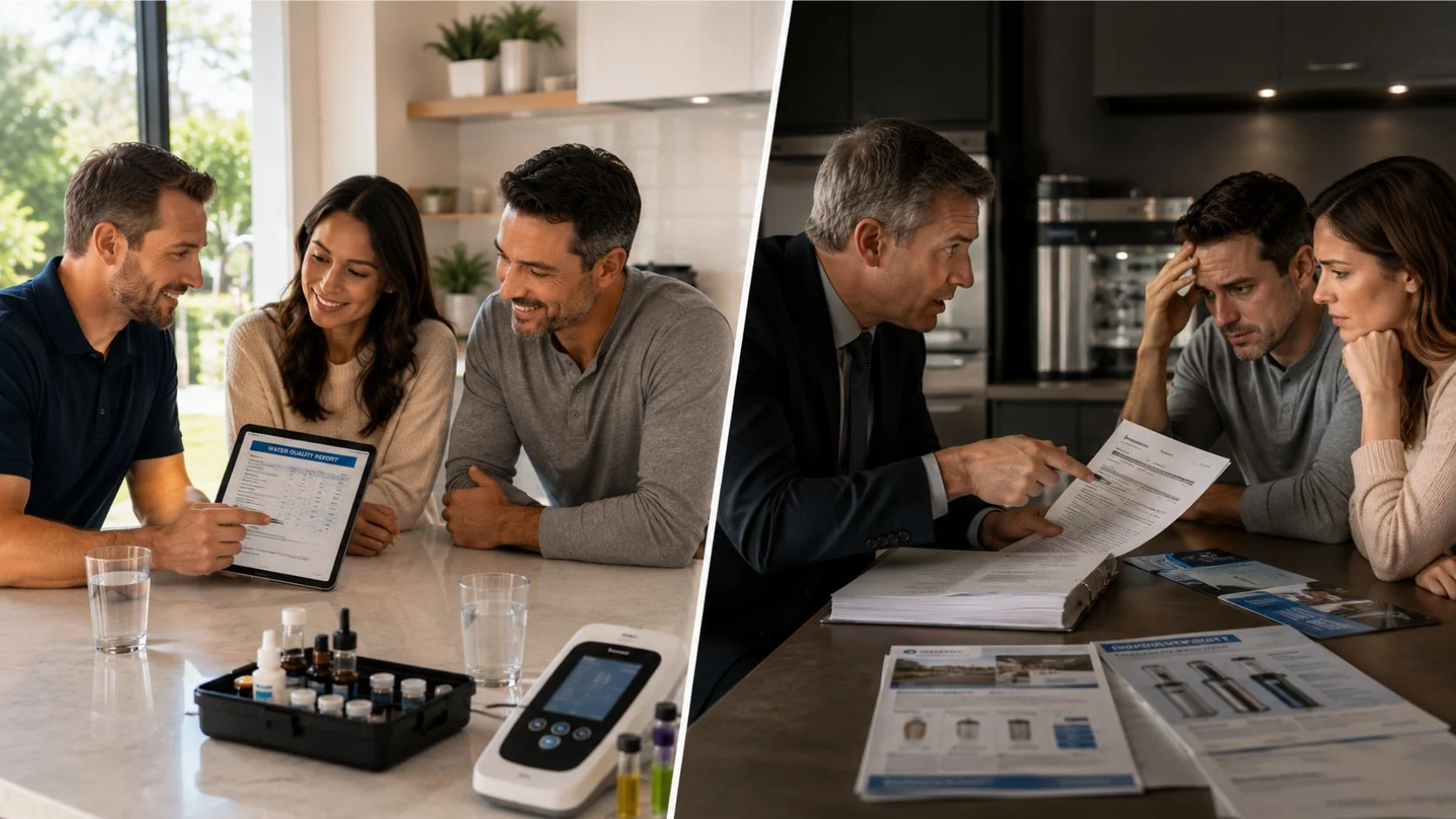 Comparison showing how a trusted water installer focuses on education instead of high-pressure sales during free water testing.