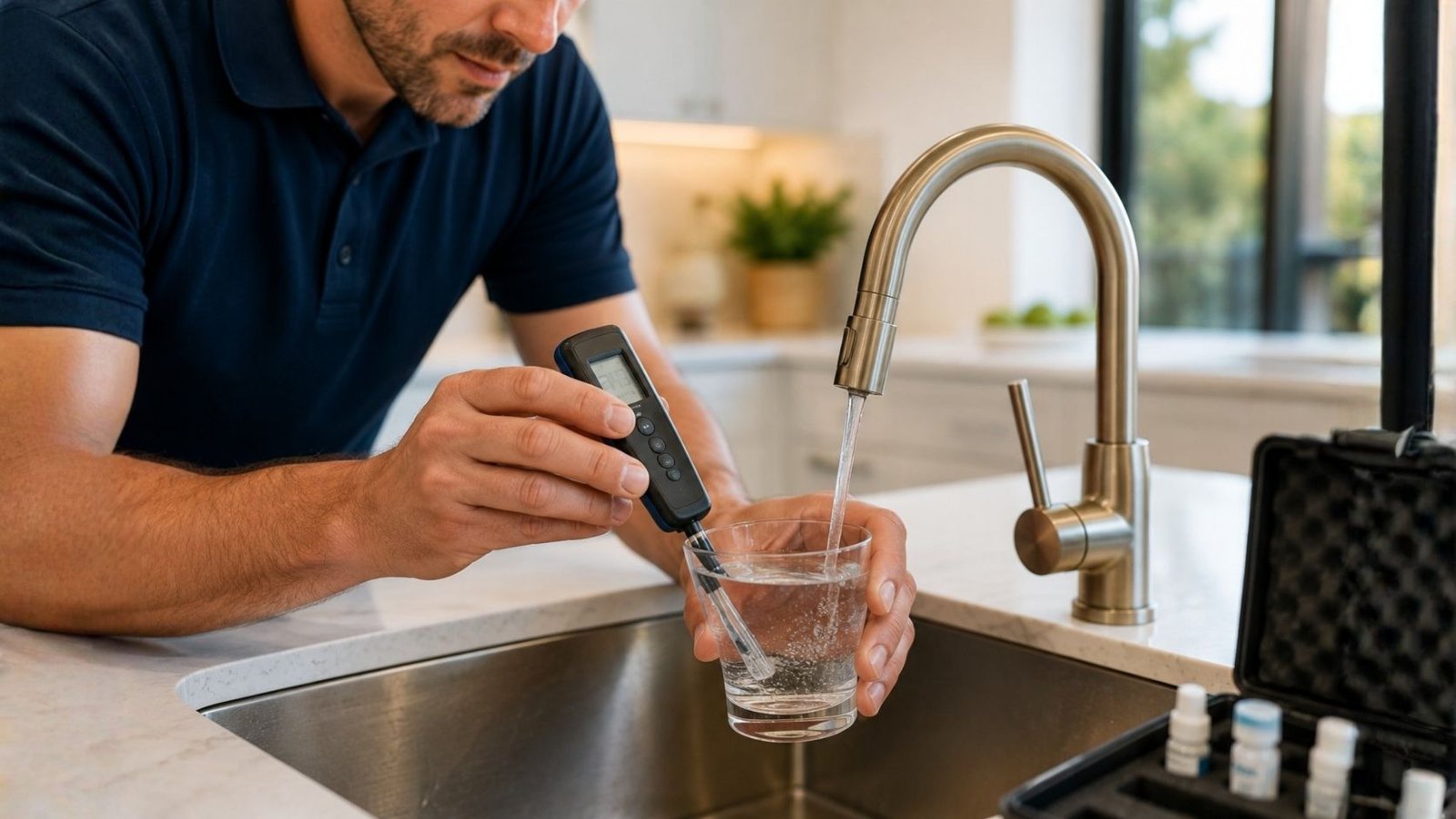 Collecting a water sample during a free in-home water test in Irvine.