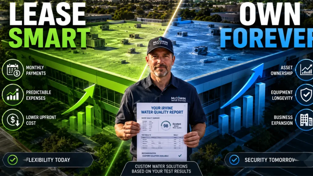 Visual comparison of commercial water system leasing versus buying for Irvine businesses.
