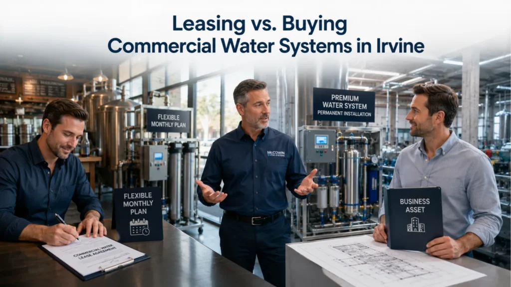 Business owner comparing commercial water system leasing and buying options after a professional evaluation.