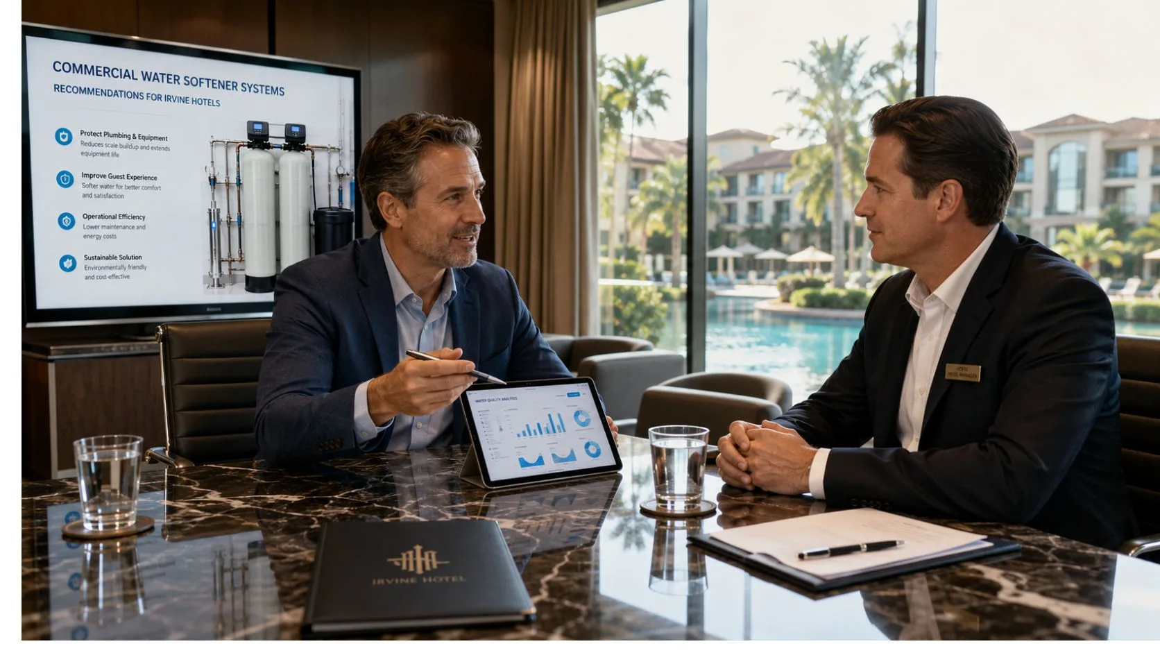 Commercial water softener consultation with hotel manager reviewing water evaluation results