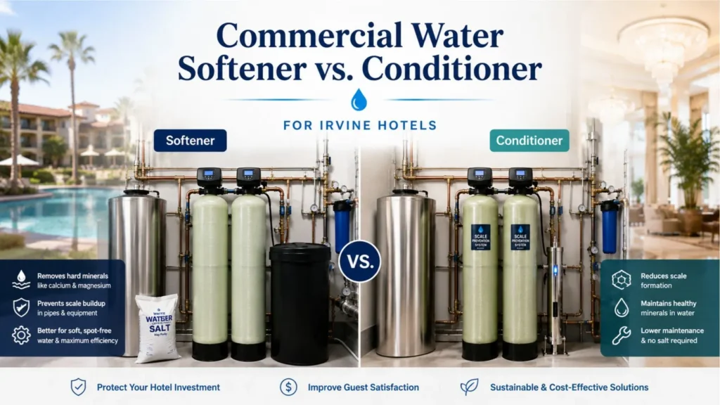 Commercial water softener compared with commercial water conditioner for Irvine hotel water treatment