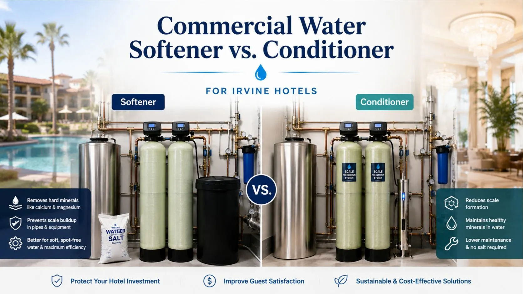 Commercial water softener compared with commercial water conditioner for Irvine hotel water treatment