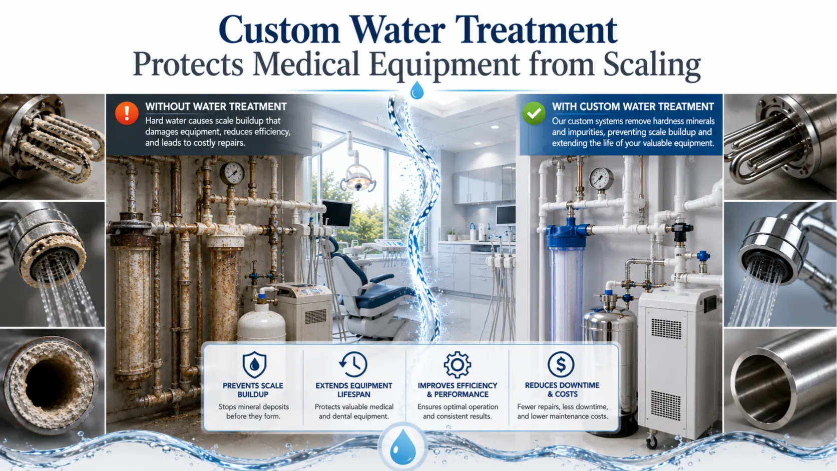 Custom water treatment reducing hard water scale in commercial medical equipment