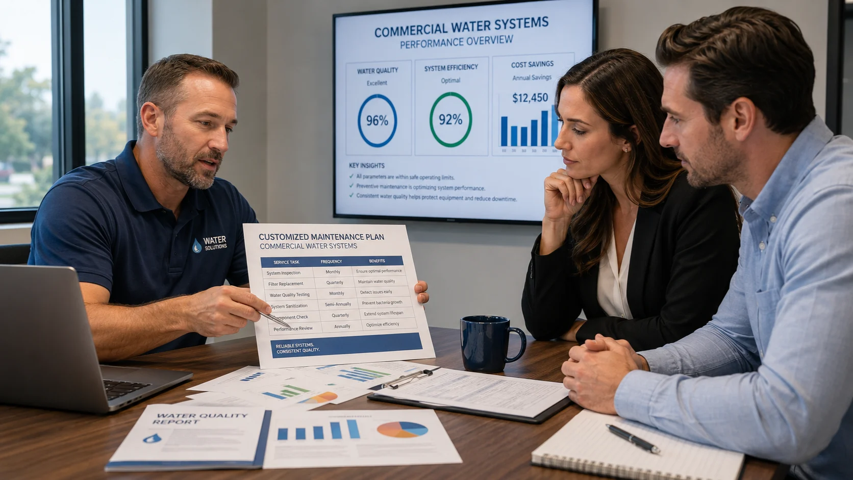 Customized maintenance plan for commercial water systems based on facility water usage and operational needs