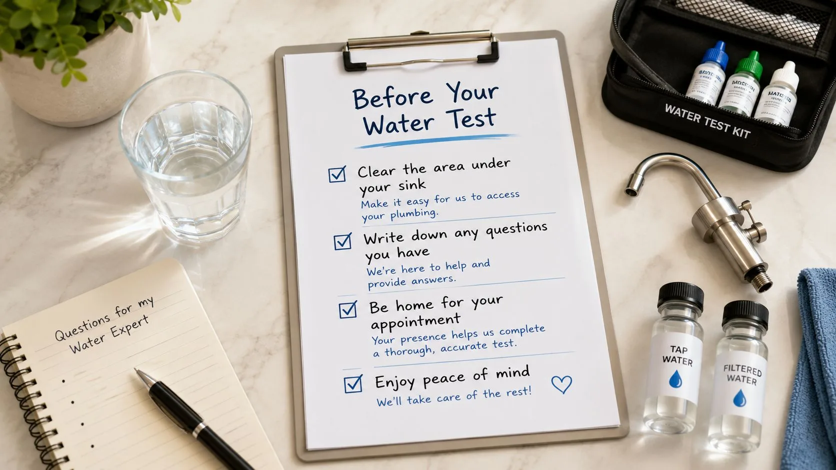 Simple preparation checklist for a free water test including accessible kitchen sink and homeowner questions.
