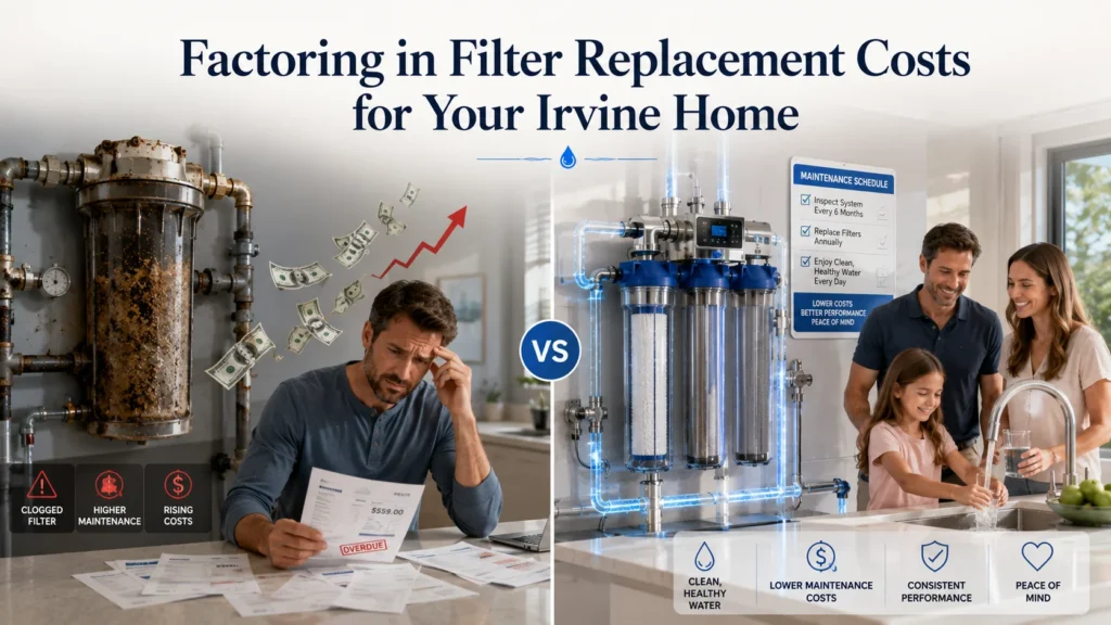 Filter Replacement comparison showing a clogged whole-home water filter versus a professionally maintained filtration system in an Irvine home.