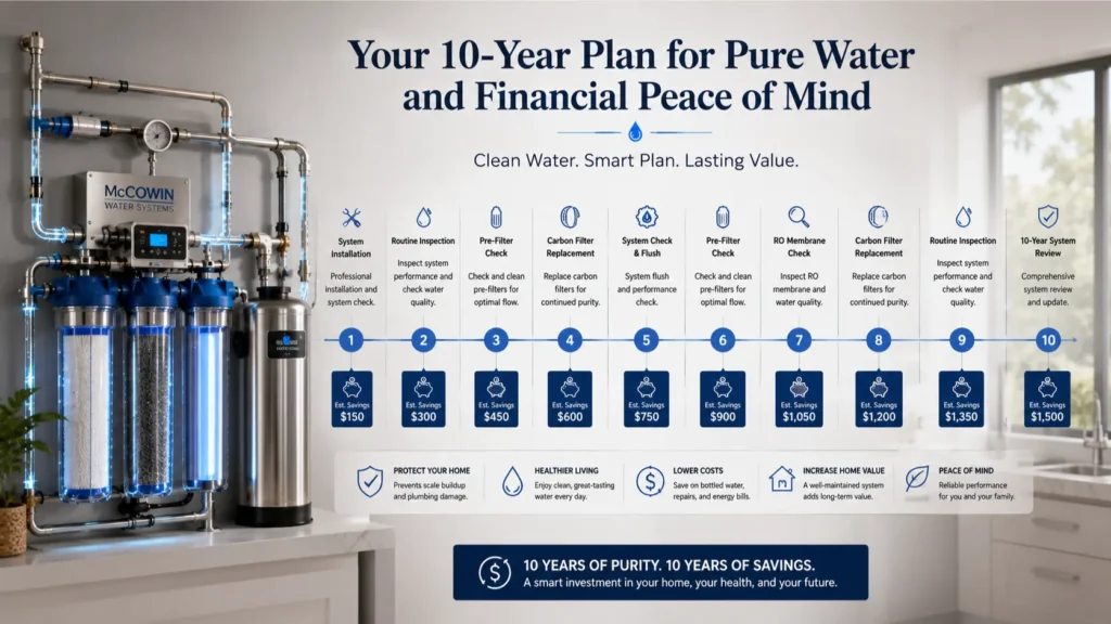 Filter Replacement timeline illustrating long-term maintenance costs for an Irvine whole-home water filtration system.
