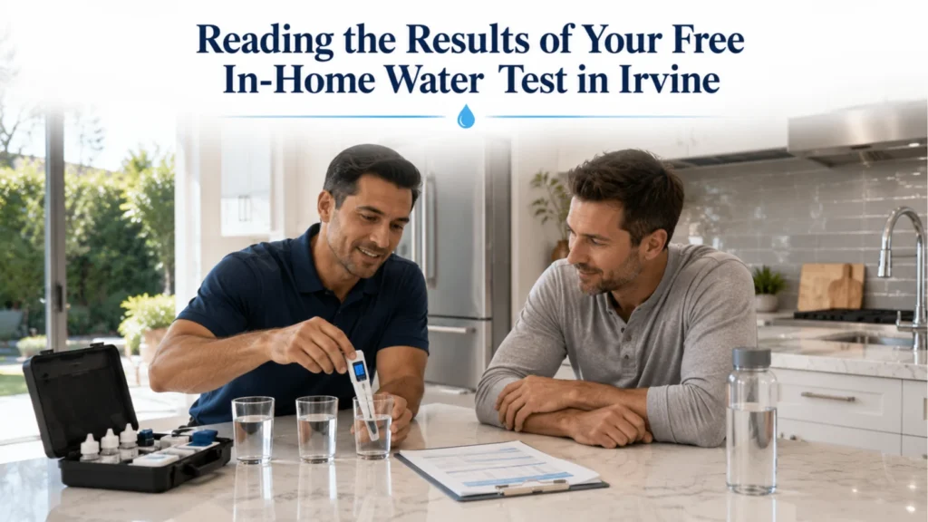 Free In-Home Water Test showing a water treatment expert explaining water test results to an Irvine homeowner