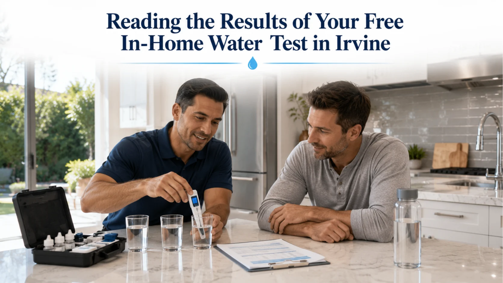 Free In-Home Water Test showing a water treatment expert explaining water test results to an Irvine homeowner