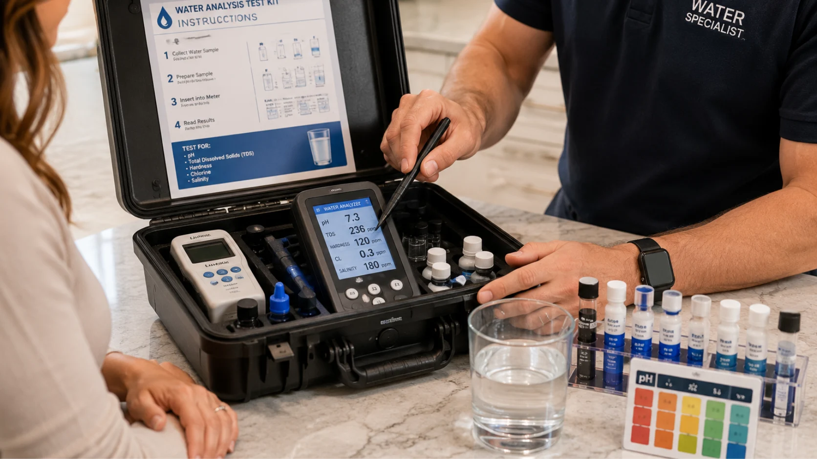 Free water tests providing immediate results for water hardness chlorine and TDS levels