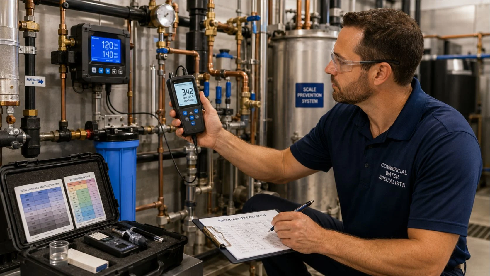Professional hard water scale evaluation using commercial water testing equipment
