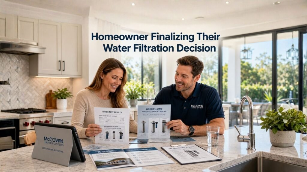 Homeowner choosing the best whole-home filtration system after a free water test in Irvine