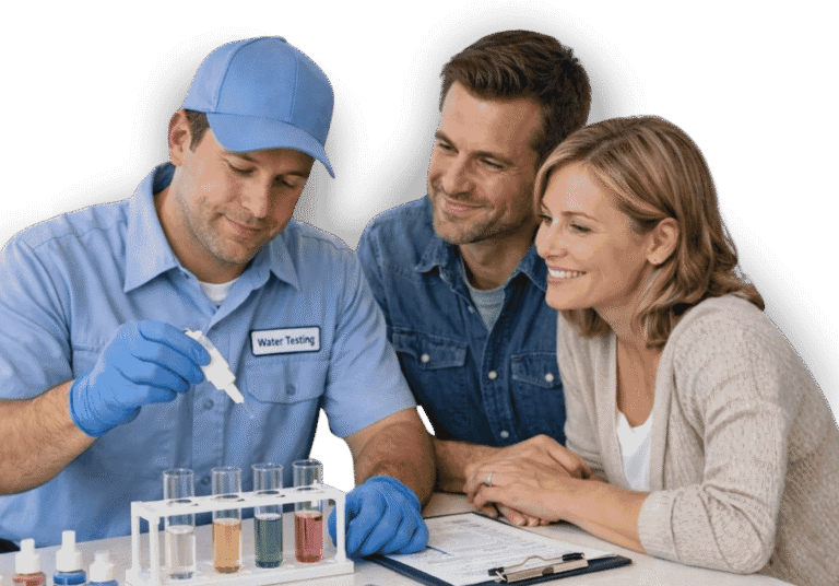 McCowin Water technician conducting an in-home water test with happy homeowners