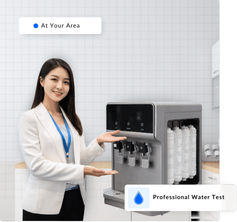 Specialist demonstrating a water filtration system and professional water testing in Irvine, CA
