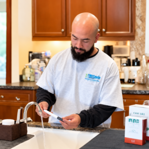 Technician testing water at the kitchen sink