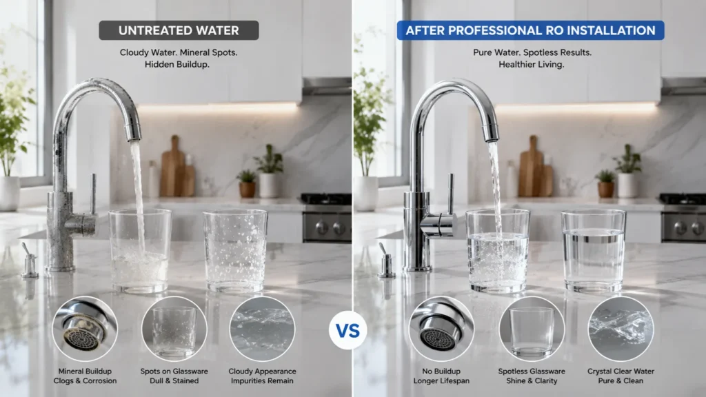 RO Installations comparison showing untreated water versus professionally filtered water