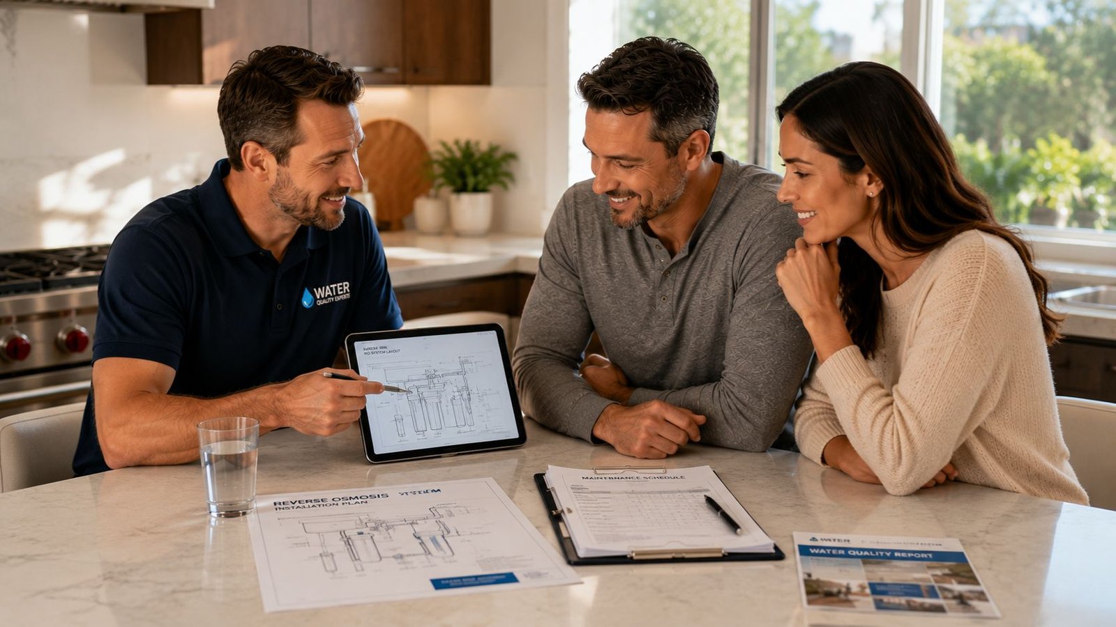 Reverse osmosis consultation explaining installation, maintenance, and water filtration options to Irvine homeowners.