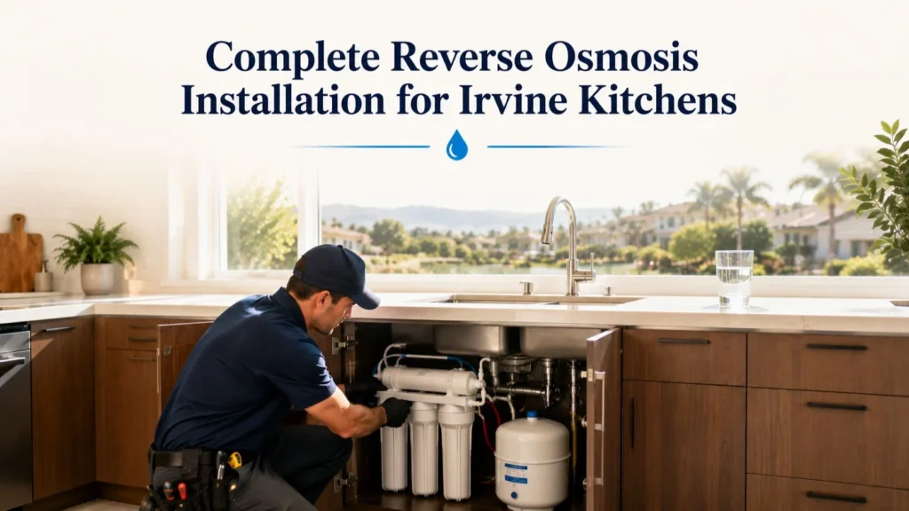 Professional reverse osmosis installation beneath a modern Irvine kitchen sink with a residential reverse osmosis system ready for clean drinking water.