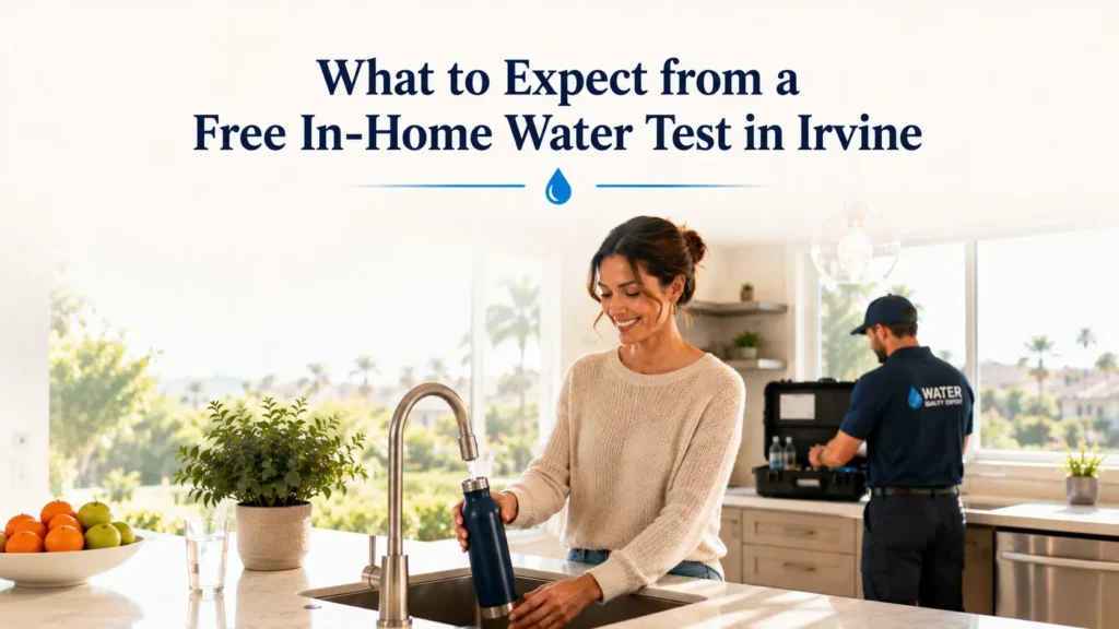 Happy Irvine homeowner enjoying clean drinking water after a professional free water test and personalized water consultation.