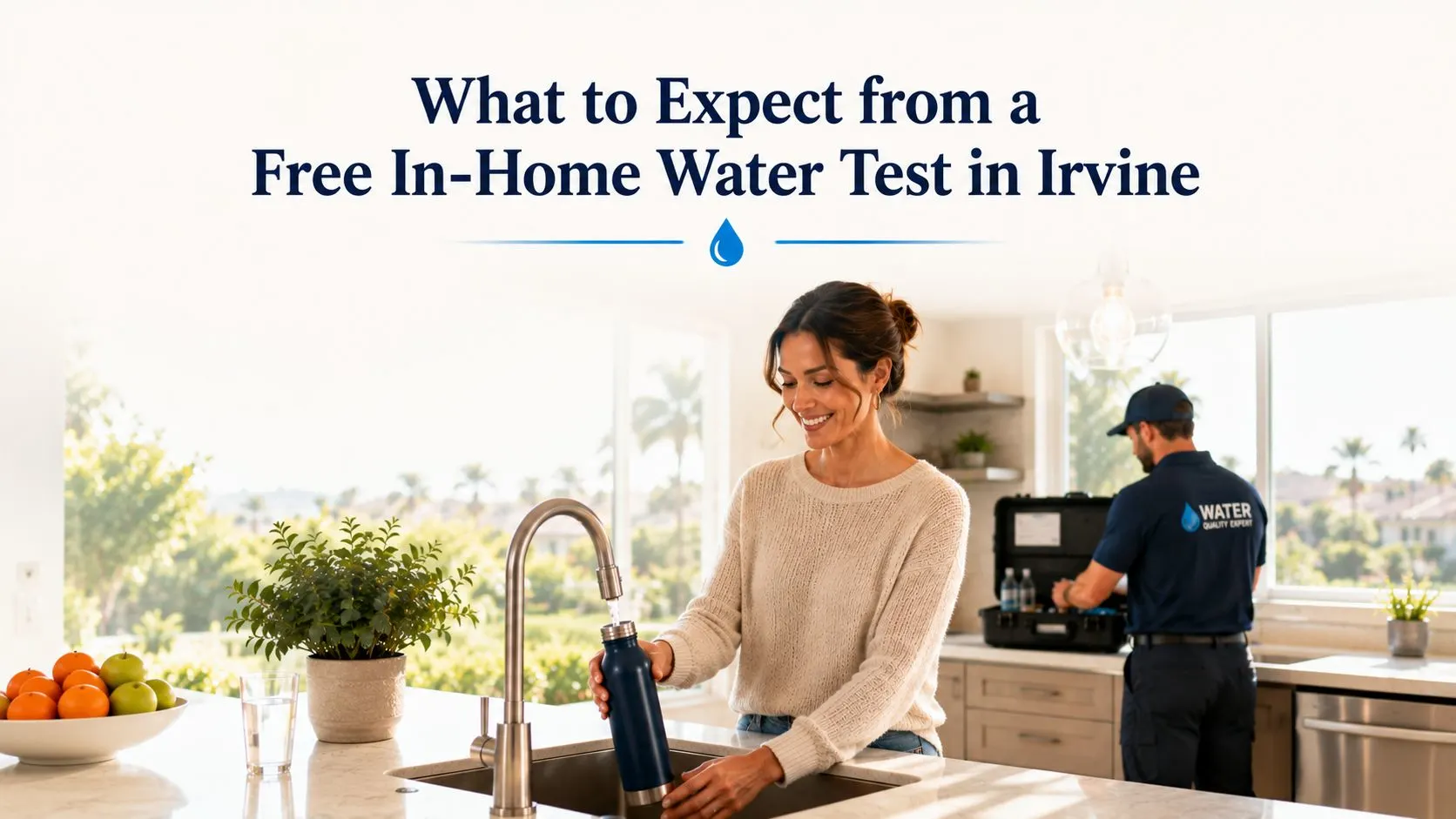 Happy Irvine homeowner enjoying clean drinking water after a professional free water test and personalized water consultation.