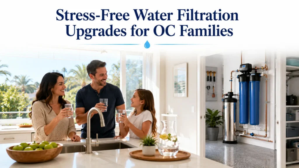 Water filtration system professionally installed in an Orange County home with a family enjoying clean, healthy water