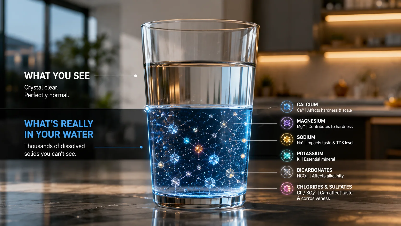 Total Dissolved Solids visualization showing invisible minerals inside clear drinking water