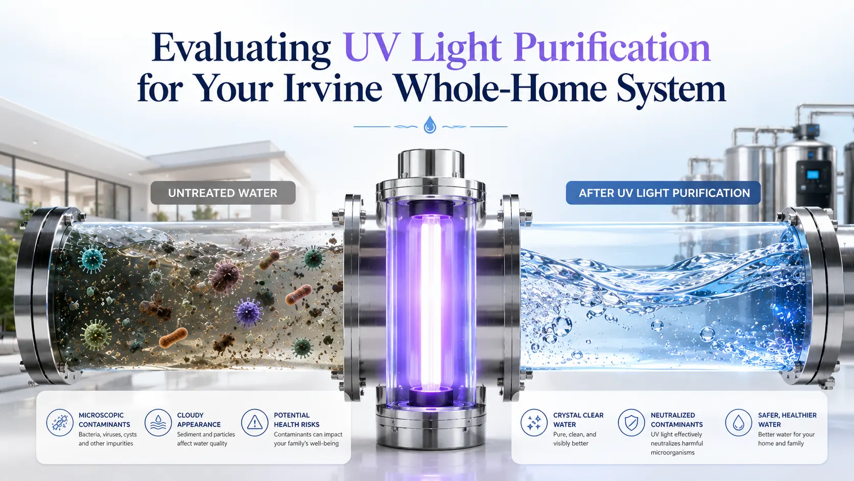 UV Light Purification comparison showing untreated water and professionally purified