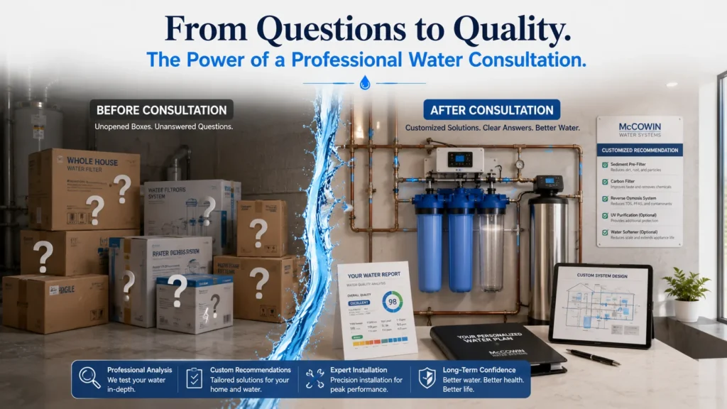 Water Consultations helping homeowners choose the correct whole-home water filtration system before installation.