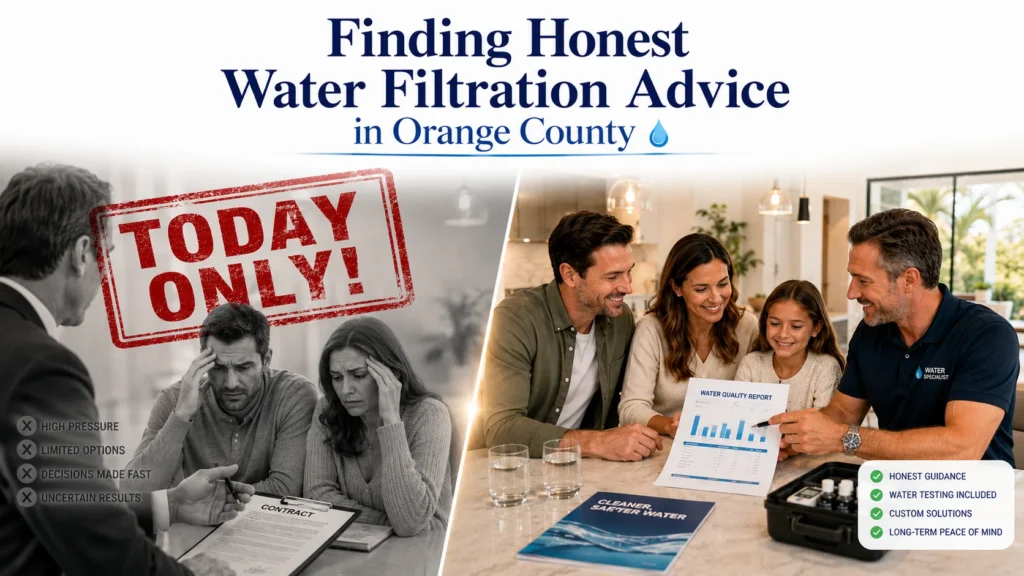 Water filtration expert helping an Orange County homeowner compare water treatment options without sales pressure