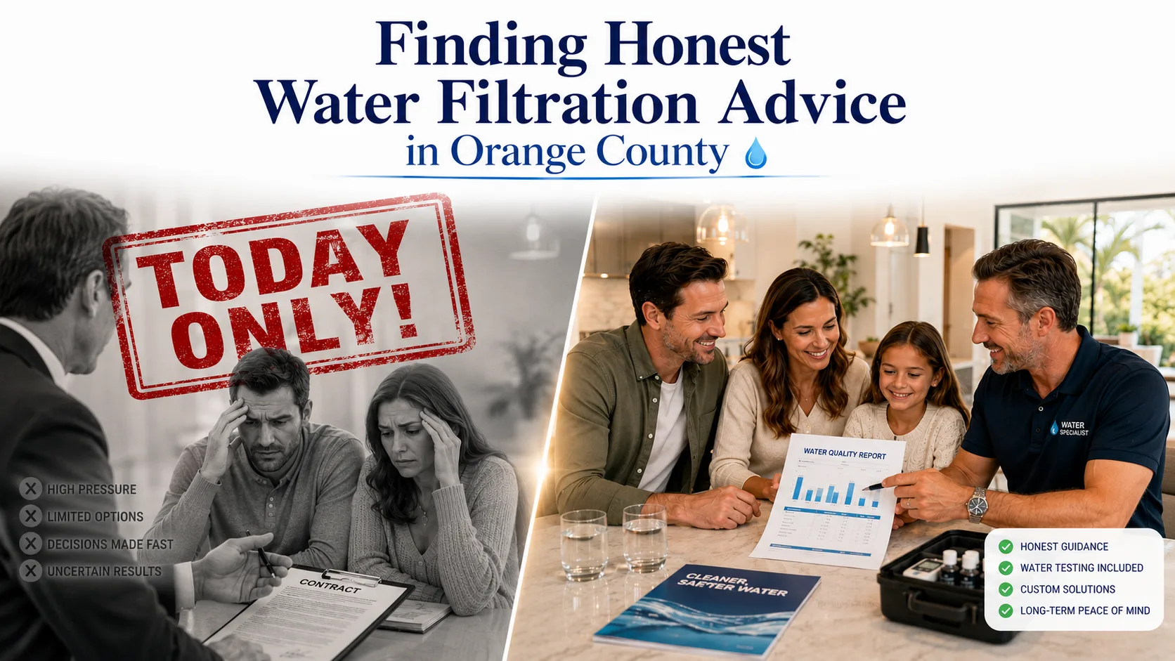 Water filtration expert helping an Orange County homeowner compare water treatment options without sales pressure