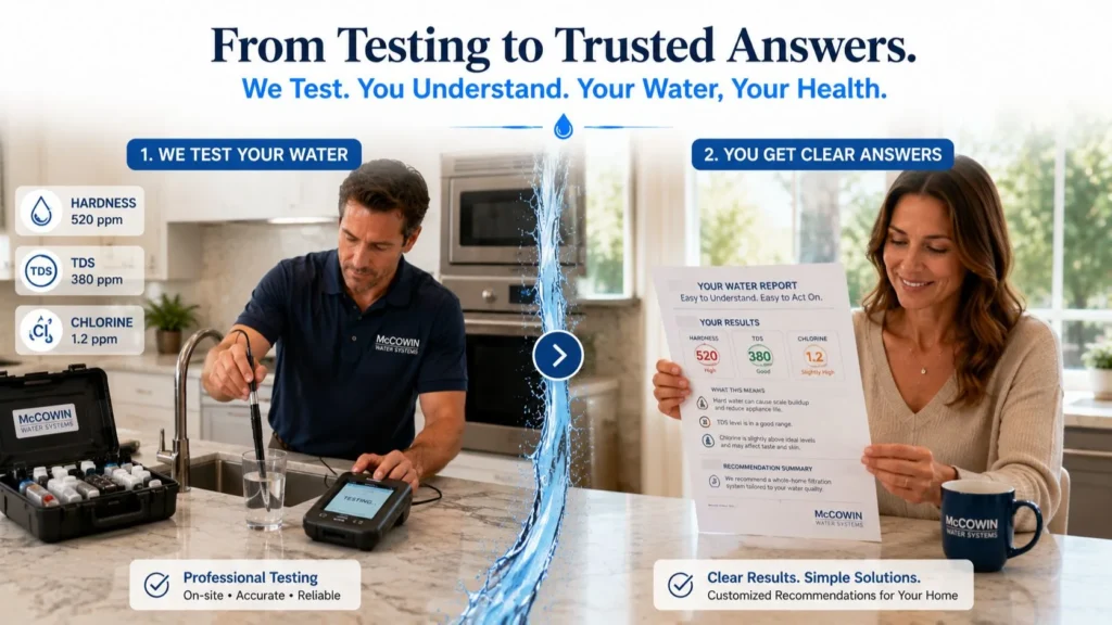 Professional water test showing water hardness, TDS, and chlorine testing with immediate results.