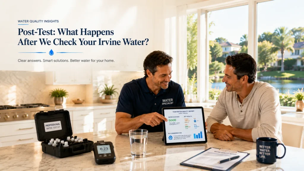 Professional water test consultation explaining water quality results to an Irvine homeowner after testing.