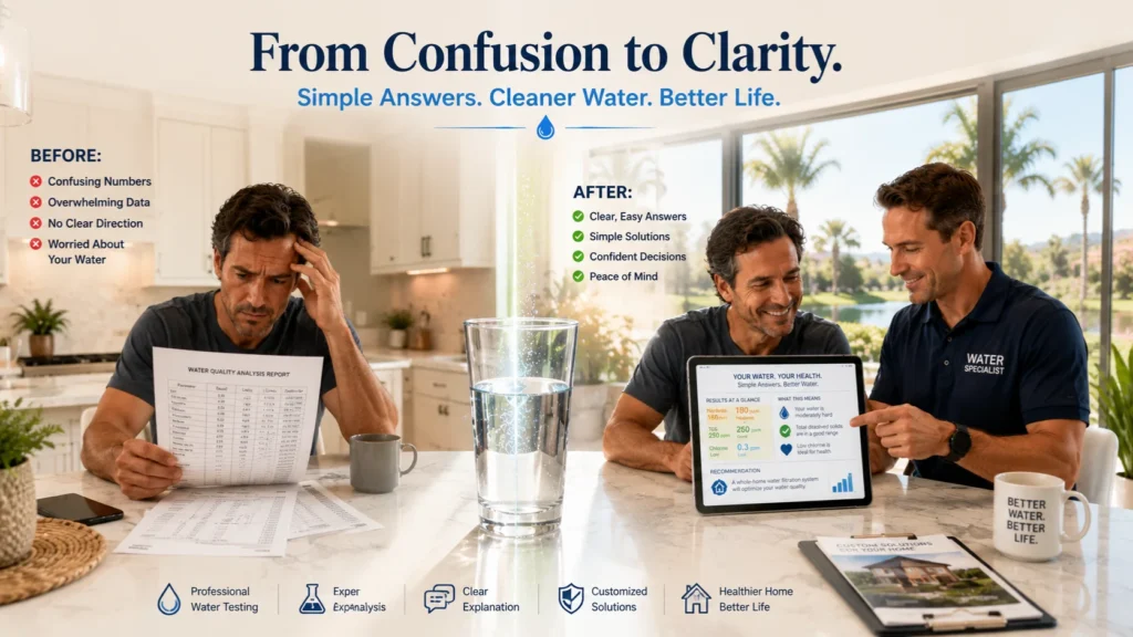 Homeowner learning about water test results through a simple and professional consultation.