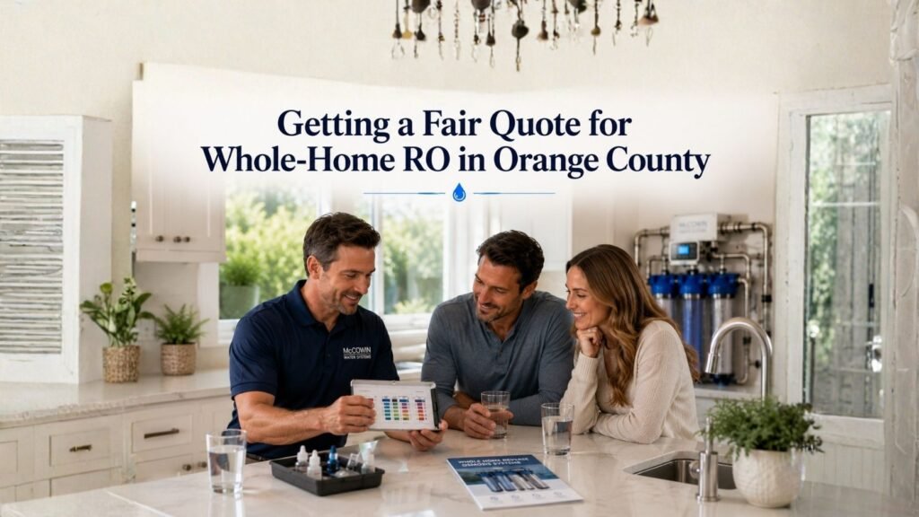 Water specialist explaining a whole-home RO quote after a free in-home water test in an Orange County home