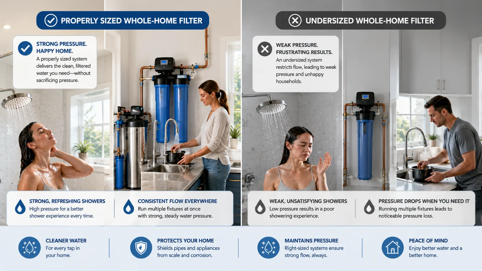Comparison showing correctly sized Whole-Home Filter maintaining water pressure versus an undersized system