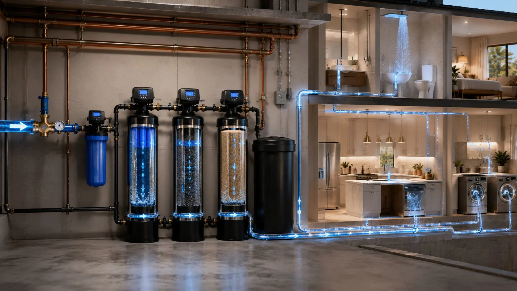 Whole-home filters illustration showing water flow rate moving through a residential filtration system