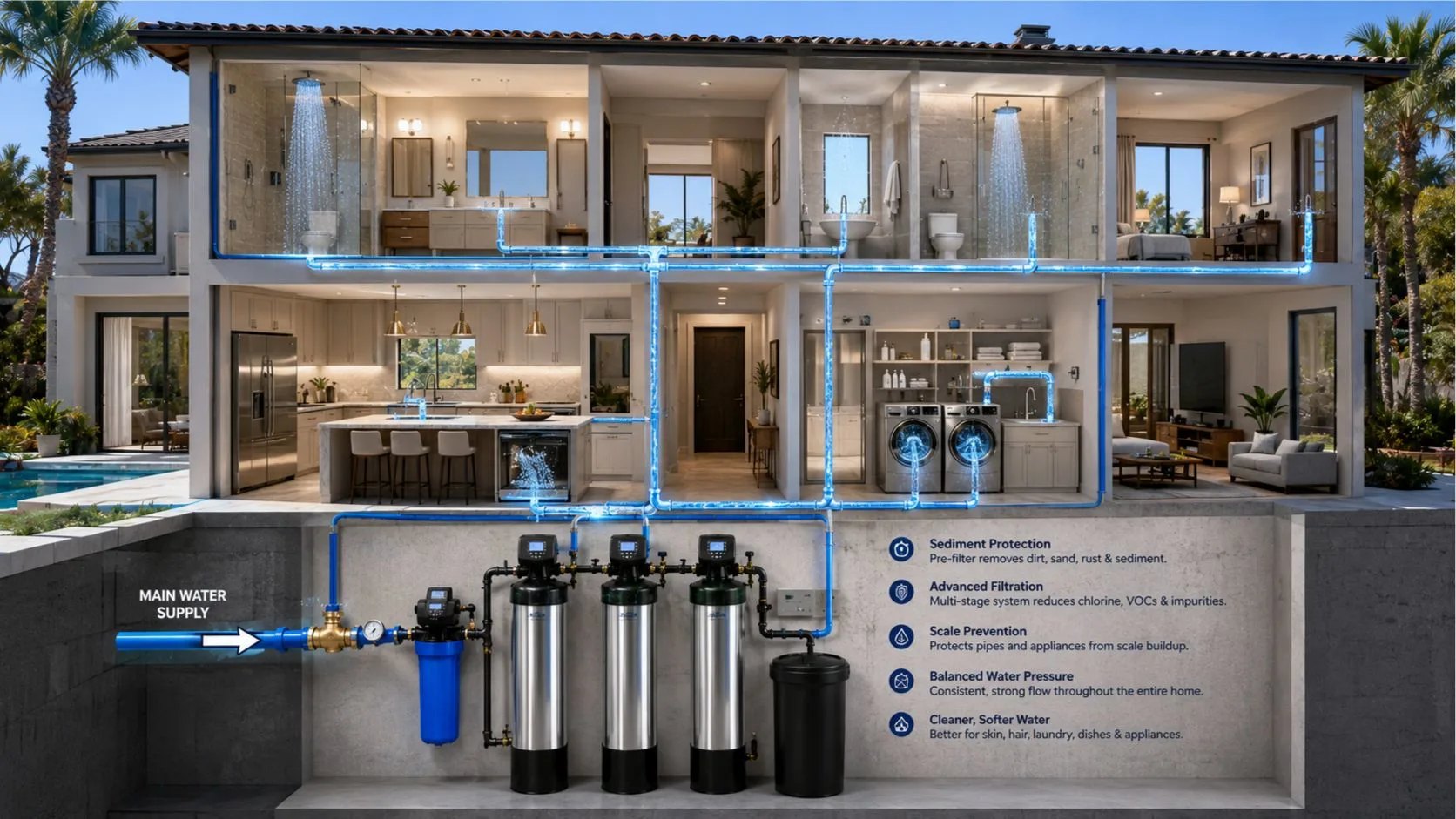 Whole-home filters professionally sized for proper flow rate in an Irvine home to maintain strong water pressure