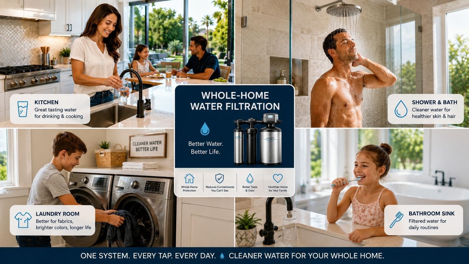 Whole-home water filtration providing clean water throughout every room of the house