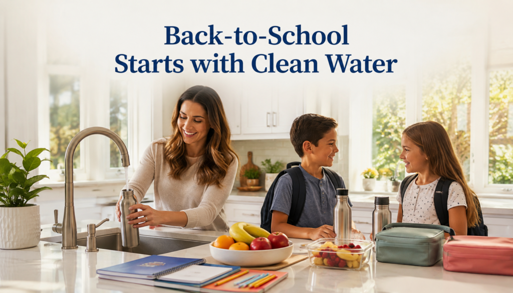 Back-to-school morning with a family filling reusable water bottles with clean water in a modern Orange County kitchen.