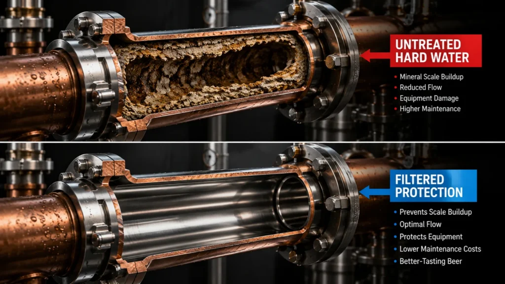 Pipe cutaway showing equipment scale protection with the Best Commercial Water Filtration for Irvine breweries.