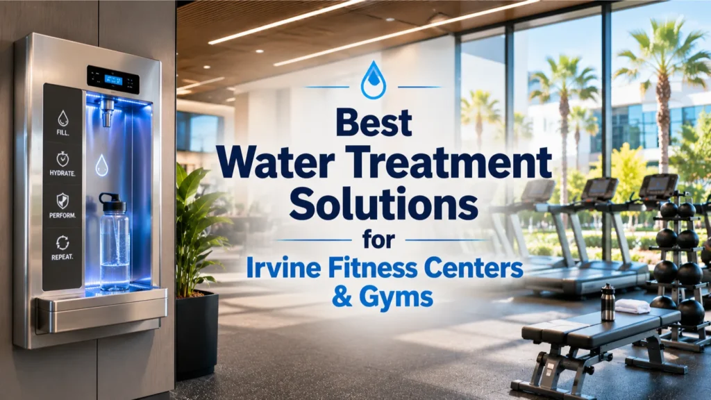 Best Water Treatment Solutions for Irvine fitness centers showing a modern gym hydration lounge and bottle filling station.