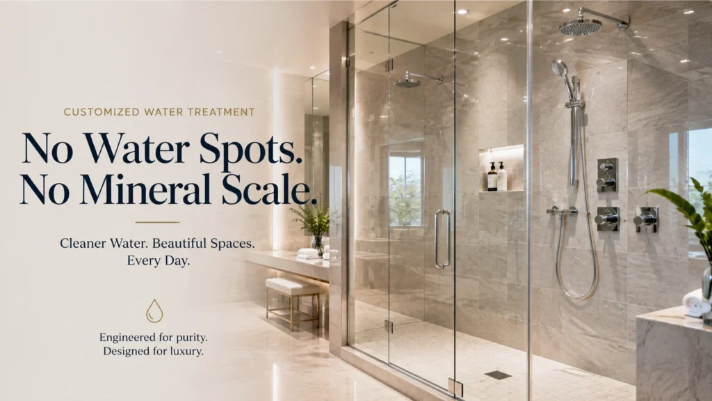 Spotless commercial gym shower facility maintained with the Best Water Treatment Solutions for Irvine to prevent scale buildup.
